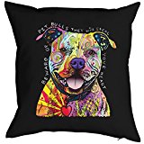 Pitbull - Hunde Neon Pop Art Motiv - Kissen mit Innenkissen - Beware Of Pit Bulls - buntes Hunde Portrait - Deko u Nutzkissen 40x40 cm schwarz : )